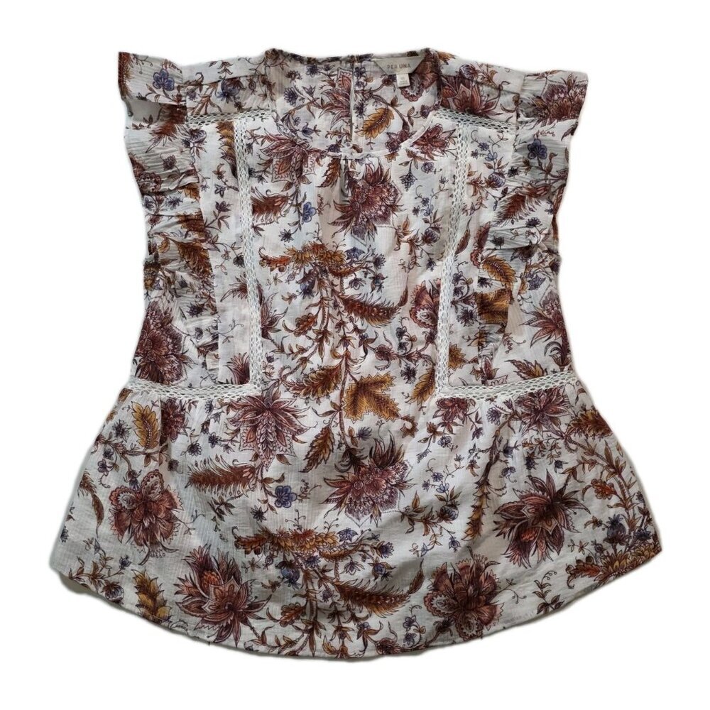 M&S Per Una Top Womens US 6 Floral Sleeveless Ruffled Lined Coastal Twee Cottage